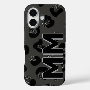 Moderne zwarte luipaardprint donkere schaduw monog iPhone 16 hoesje