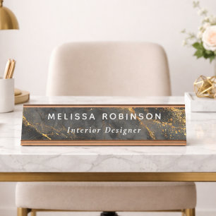 Moderne Zwarte Marmer & Gouden Glitters met Witte  Bureau Naambordje