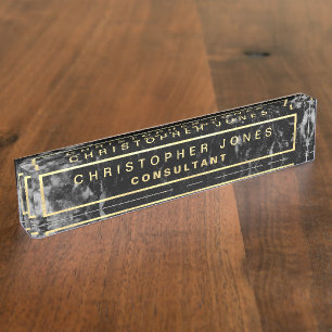 Moderne zwarte marmeren steen look gouden titel naambordje