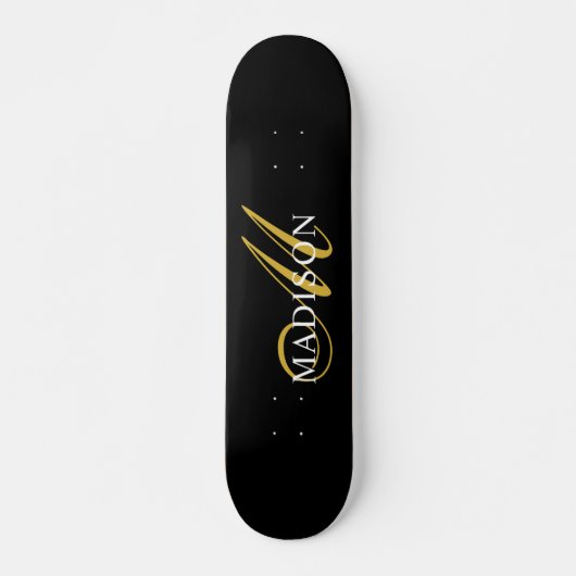Moderne zwarte monogram Gold Script-naam Skateboard (Voorkant)