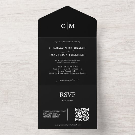 Moderne zwarte monogram QR-code RSVP All In One Uitnodiging (Binnen)