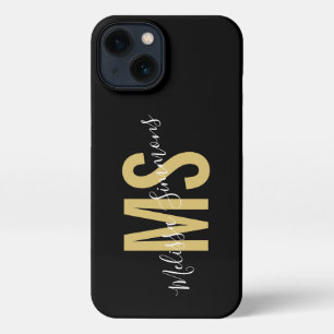 Moderne zwarte monogram voor gouden script iPhone 13 hoesje