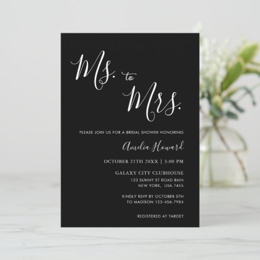 Moderne Zwarte Ms to Mrs Met Foto Bruidsdouche Kaart (Staand voorkant)