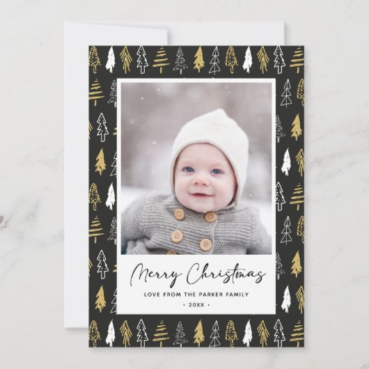 Moderne zwarte, naadloze goudwitte woudbomen feestdagenkaart (Voorkant)