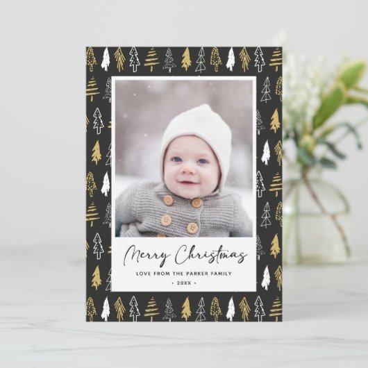 Moderne zwarte, naadloze goudwitte woudbomen feestdagenkaart (Staand voorkant)