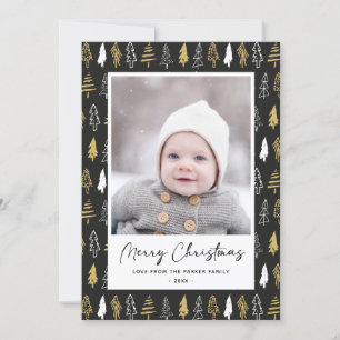 Moderne zwarte, naadloze goudwitte woudbomen feestdagenkaart