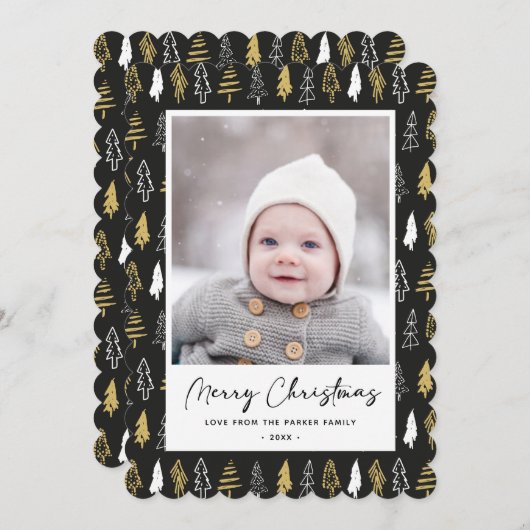 Moderne zwarte, naadloze goudwitte woudbomen feestdagenkaart (Voorkant / Achterkant)