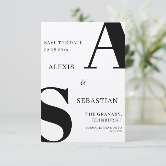 Moderne Zwarte op Witte Monochrome Save The Date (Staand voorkant)