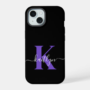 Moderne Zwarte Paarse Script Monogram iPhone 15 Hoesje