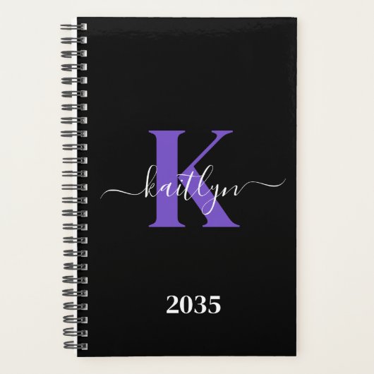 Moderne Zwarte Paarse Script Monogram Planner (Voorkant)