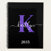 Moderne Zwarte Paarse Script Monogram Planner (Voorkant)
