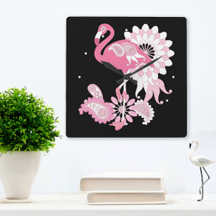 Moderne Zwarte Paisley Roze Flamingo Vierkante Klok