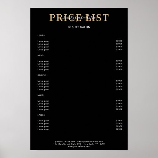 Moderne Zwarte Prijslijst Poster (Voorkant)