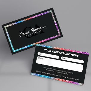 Moderne Zwarte & Regenboog Glitter Haarstylist Afsprakenkaartje