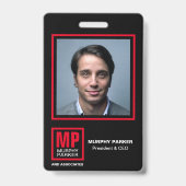 Moderne zwarte rode witte monogram Logo Foto Badge (Voorzijde)