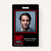 Moderne zwarte rode witte monogram Logo Foto Badge (Voorkant)