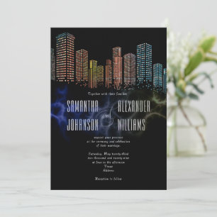 Moderne Zwarte Rooftop Lounge Night Skyline Weddin Kaart
