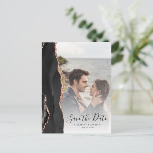 Moderne, zwarte Roos Gold Opslaan datum Aankondigingskaart (Staand voorkant)