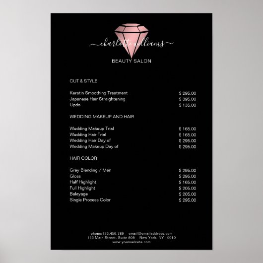 Moderne zwarte Rosegold Diamond-prijslijst Poster (Voorkant)