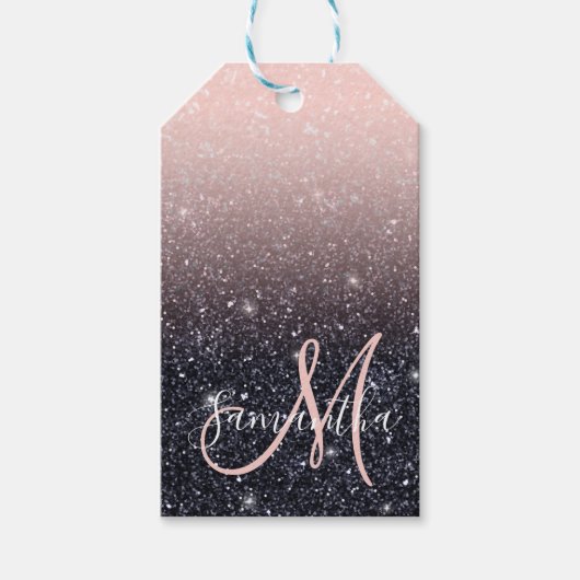 Moderne Zwarte & Roze Glitter Glans Naam Cadeaulabel (Voorkant)