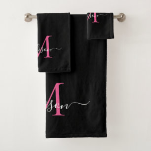 Moderne zwarte roze monogram naam bad handdoek