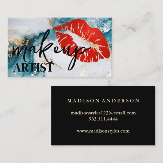 Moderne zwarte salon rode lippen make-up artist visitekaartje (Voorkant / Achterkant)