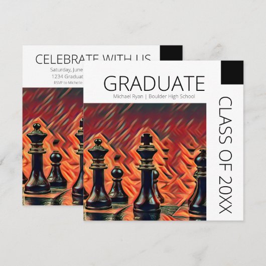 Moderne zwarte schaakstukken Afstuderen Kaart (Voorkant / Achterkant)