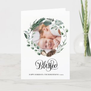 Moderne zwarte Script Elegant Eucalyptus Foliage Feestdagen Kaart