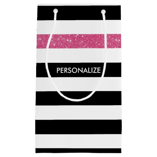 Moderne zwarte strepen FAUX roze Glitz en naam Klein Cadeauzakje (Voorkant)