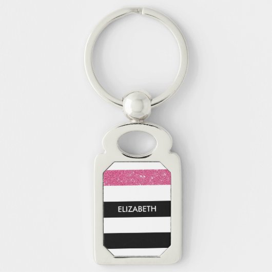 Moderne zwarte strepen FAUX roze Glitz en naam Sleutelhanger (Voorkant)