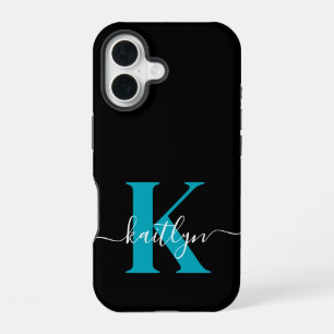Moderne Zwarte Teal Script Monogram iPhone 16 Hoesje