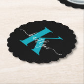 Moderne Zwarte Teal Script Monogram Kartonnen Onderzetters (Gekanteld)