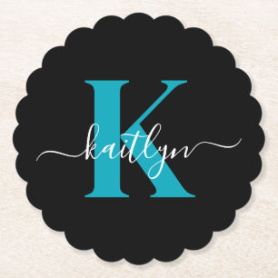 Moderne Zwarte Teal Script Monogram Kartonnen Onderzetters