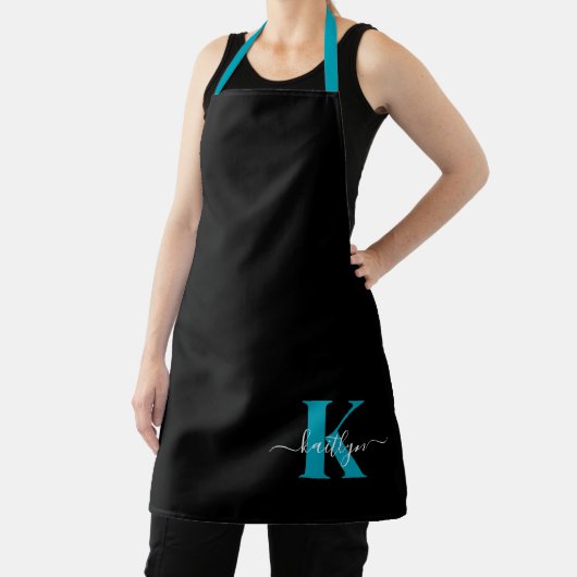 Moderne Zwarte Teal Script Monogram Schort (Insitu)