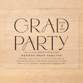 Moderne zwarte typografie afstudeerfeest acryl uitnodigingen (Voorkant)