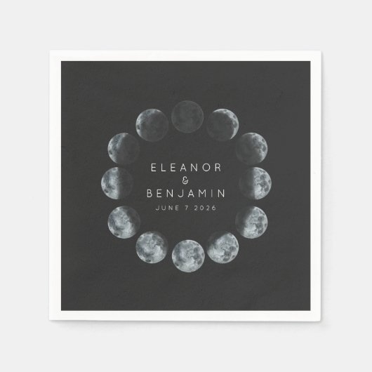 Moderne Zwarte Watercolor Maanfasen Trouw Aangepas Servet (Voorkant)