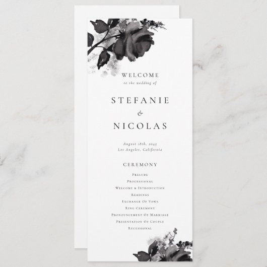Moderne zwarte Waterverf Rozen Bloemenbruiloft Programma (Voorkant / Achterkant)