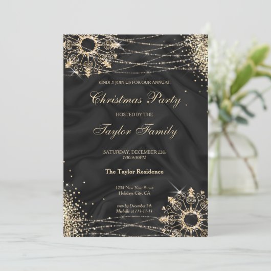 Moderne zwarte wintergouden sneeuwkerstfeest Invi Kaart (Staand voorkant)