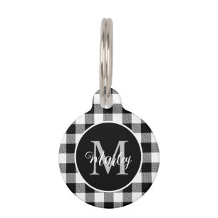Moderne Zwarte Witte Buffalo Plaid Monogram Naam  Huisdierpenning