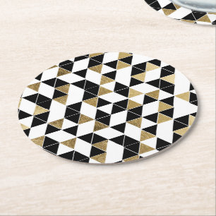 Moderne zwarte, witte en Faux Gold-driehoeken Ronde Kartonnen Onderzetter