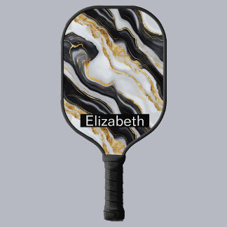 Moderne Zwarte Witte Gouden Marmer Gepersonaliseer Pickleball Paddle
