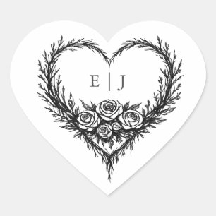 Moderne Zwarte Witte Handgetekende Bloem Bruiloft Hart Sticker