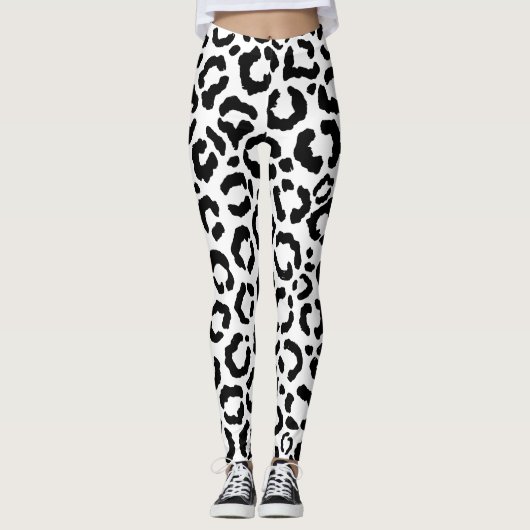 Moderne zwarte witte luipaard dierprintpatroon leggings (Voorkant)
