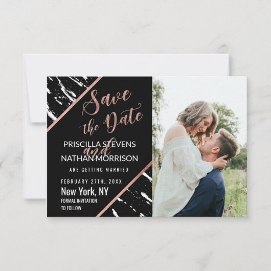 Moderne zwarte witte marmer Roos Gold Chic Save The Date (Voorkant)