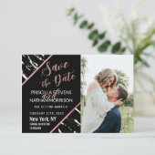 Moderne zwarte witte marmer Roos Gold Chic Save The Date (Staand voorkant)