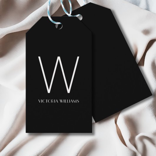 Moderne zwarte witte minimalistische monogram naam cadeaulabel