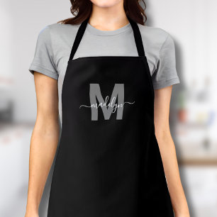 Moderne Zwarte Witte Monogram Initiaal Naam Schort