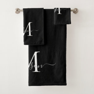 Moderne zwarte witte monogram naam van elegant bad handdoek