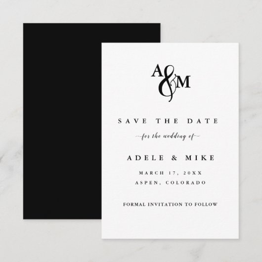 Moderne Zwarte & Witte Monogram Trouw Save The Date (Voorkant / Achterkant)