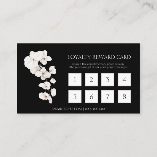 Moderne zwarte witte orchideeën bloemenbedrijf bel klantenkaartje (Achterkant)